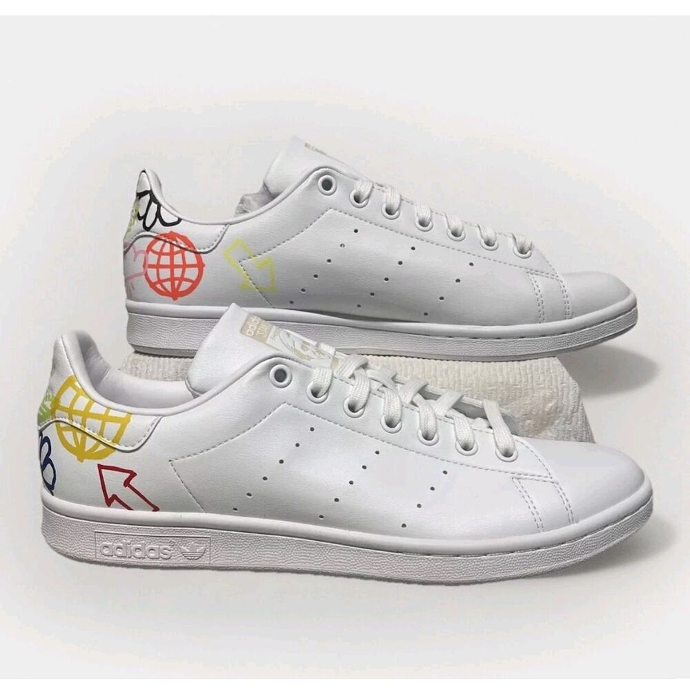 Adidas Stan Smith White Leather  Doodle Flowers Size 9 Sneakers Limited Edition